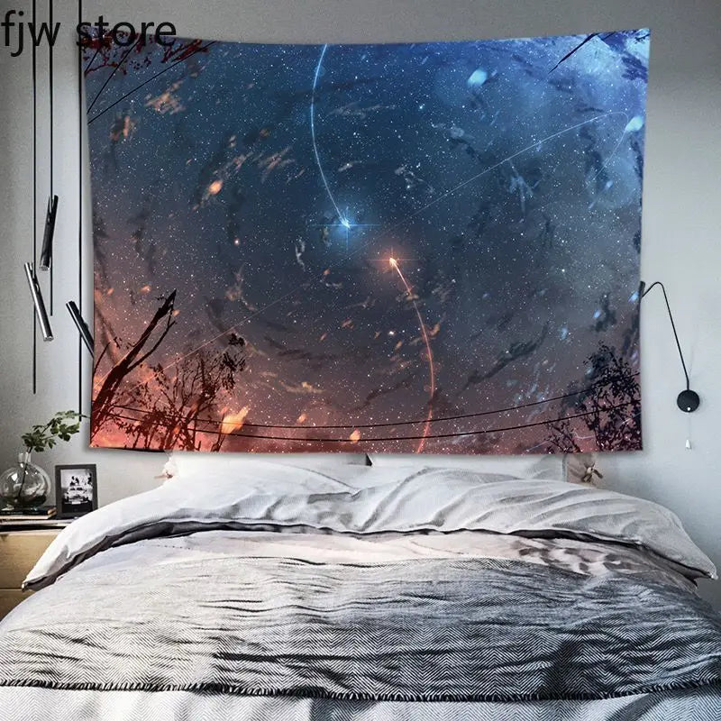 Dunkelblaue und violette Nebelmalerei mit Sternen, kosmischem Staub und einem orangefarbenen Horizont über einem Bett.