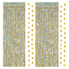Gold laser wavy foil fringe curtain decor with blue accents and gold beaded strands