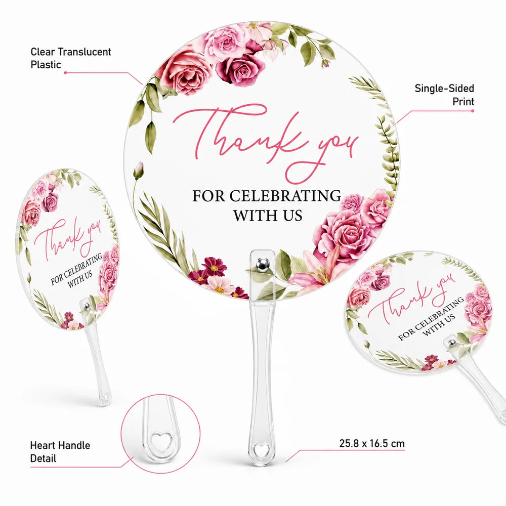 A pink floral thank you hand fan with a clear translucent plastic design and single-sided print.