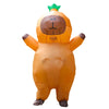 An inflatable orange capybara costume for adults with a green sprout on top.
