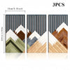 Three vertical panels of boho wood leaf wall art featuring layered geometric patterns in natural and muted tones