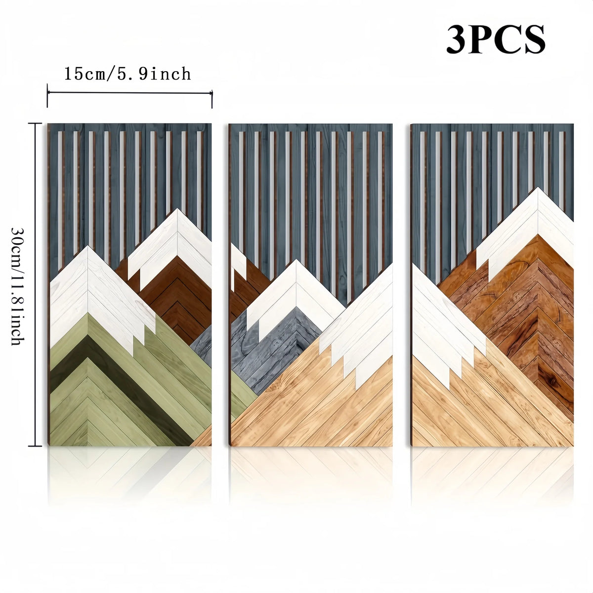 Three vertical panels of boho wood leaf wall art featuring layered geometric patterns in natural and muted tones
