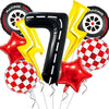 A set of nine foil balloons including a large number, a yellow lightning bolt, and several red and white checkered racing the