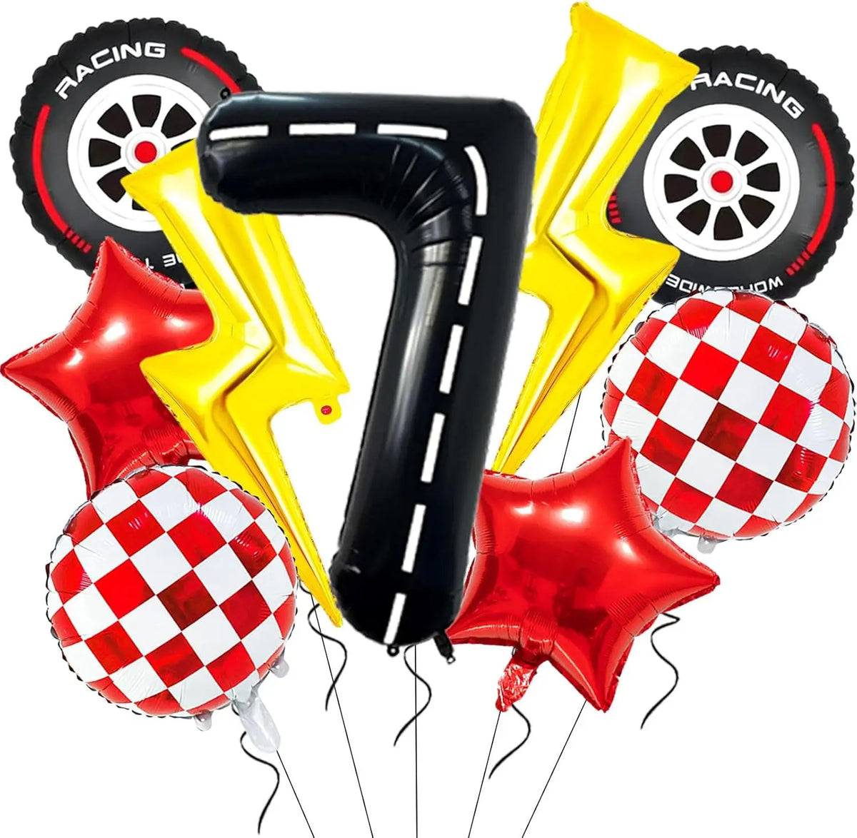 A set of nine foil balloons including a large number, a yellow lightning bolt, and several red and white checkered racing the