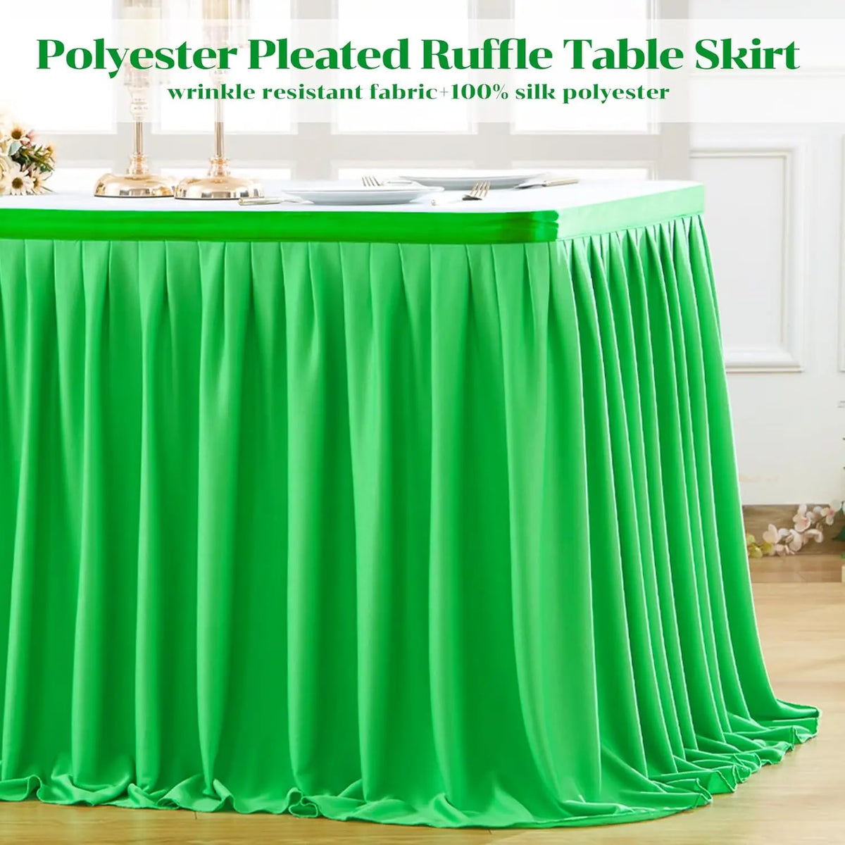 A vibrant green pleated ruffle polyester table skirt draped over a table.