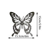 Black metal butterfly wall art set featuring two symmetrical butterfly shapes with dimensions of 15.3cm by 15cm.