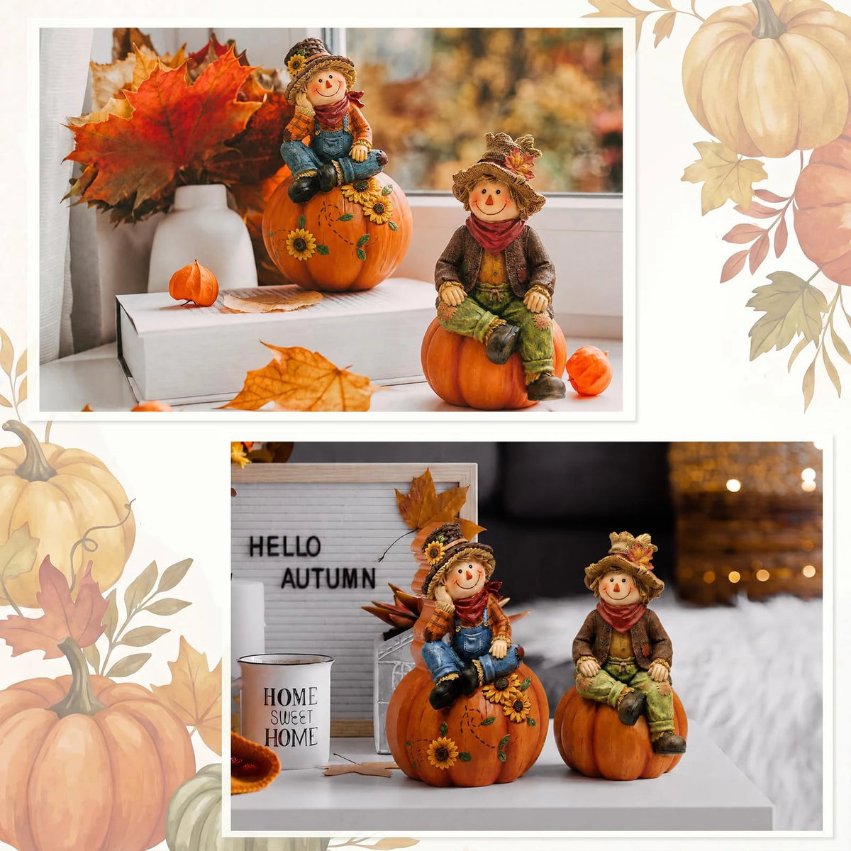 Autumn scarecrow wooden tabletop decor set featuring a figure dressed in rustic clothing sitting on an orange pumpkin
