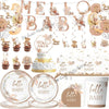 A decorative banner garland featuring the words hello baby in gold and pink tones for a gender reveal or baby shower.