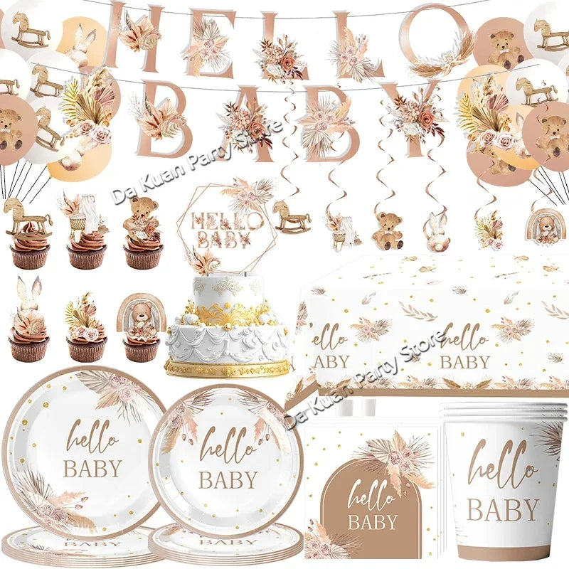 A decorative banner garland featuring the words hello baby in gold and pink tones for a gender reveal or baby shower.