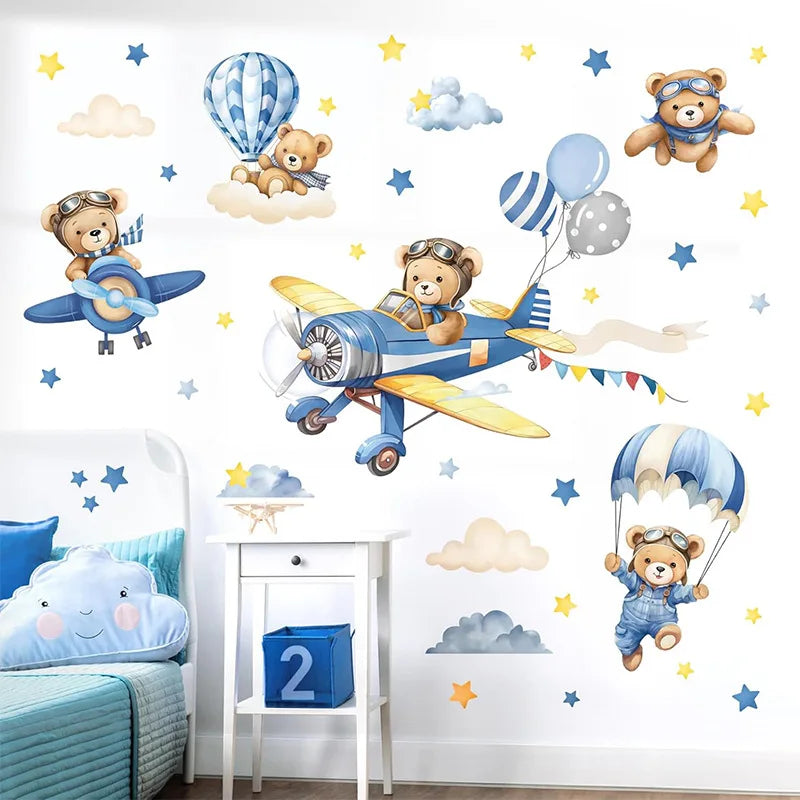 Wall stickers featuring teddy bears piloting airplanes and hot air balloons for kids' rooms