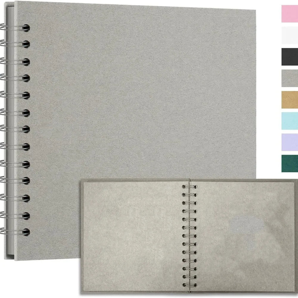 A gray handmade kraft paper scrapbook with a spiral binding and a color palette swatch guide.