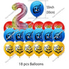 A set of 18 balloons featuring a blue character design and yellow skull designs for a birthday celebration