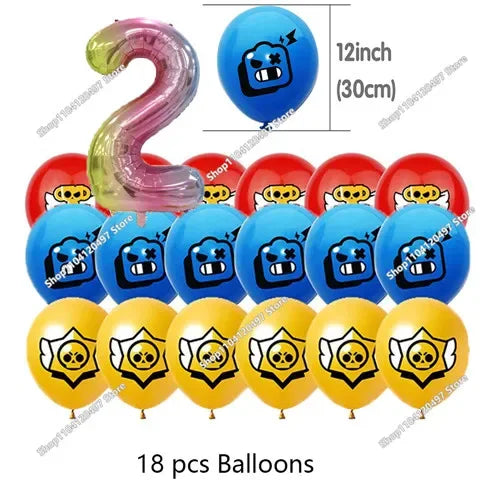 A set of 18 balloons featuring a blue character design and yellow skull designs for a birthday celebration