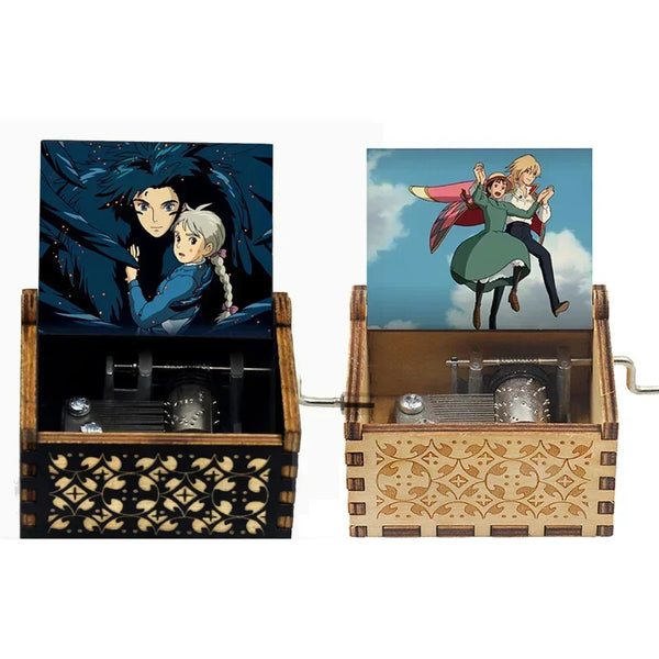 A pair of wooden music boxes featuring anime-style illustrations of characters.