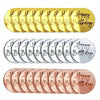A set of round mirror acrylic cake toppers in gold, silver, and rose gold finishes.