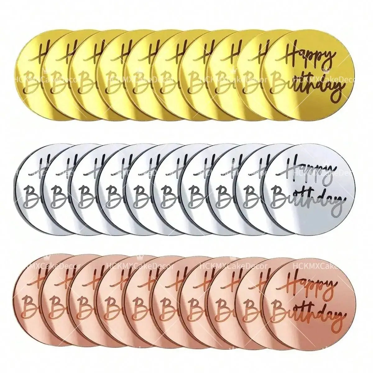 A set of round mirror acrylic cake toppers in gold, silver, and rose gold finishes.