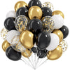 A bunch of gold and black balloons with gold confetti for celebrations