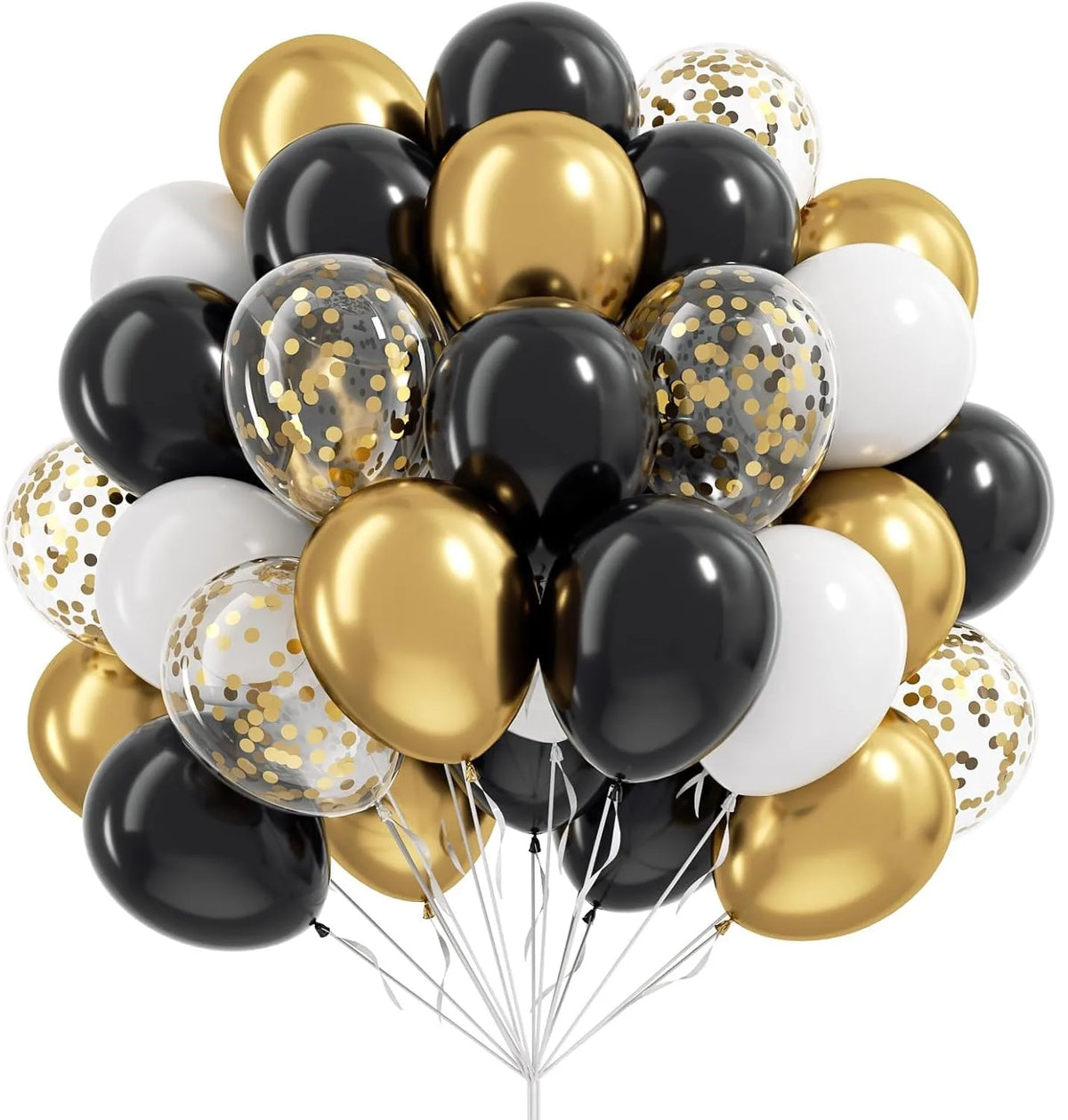 A bunch of gold and black balloons with gold confetti for celebrations