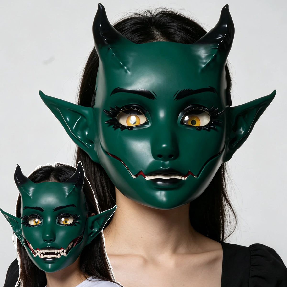 A woman is modeling a green horned fantasy creature mask with a movable jaw.