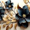 A floral arrangement featuring deep blue and bronze leaves with gold accents on a neutral background.