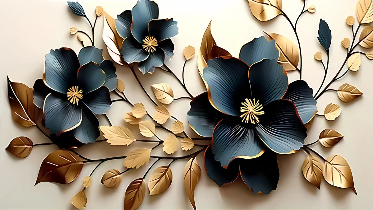 A floral arrangement featuring deep blue and bronze leaves with gold accents on a neutral background.