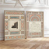 Gerahmte Vintage-islamische Geometrie-Wandkunstdrucke mit komplexen Mustern in Erdtönen und Teal auf hellem Hintergrund