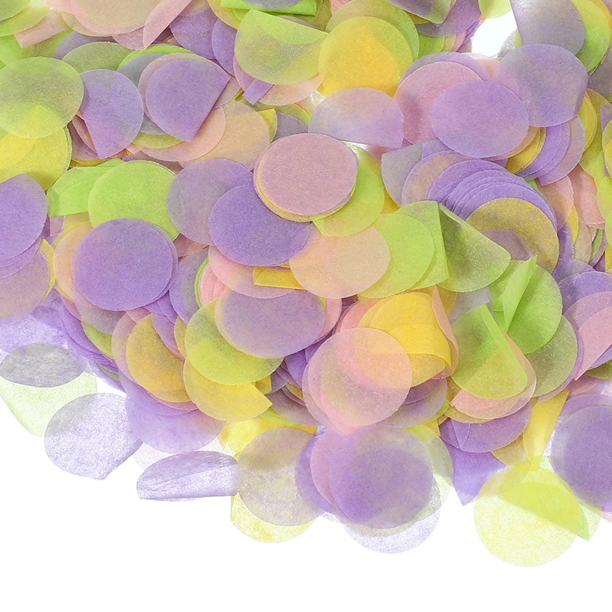 A pile of round tissue paper confetti dots in shades of purple, yellow, and green.