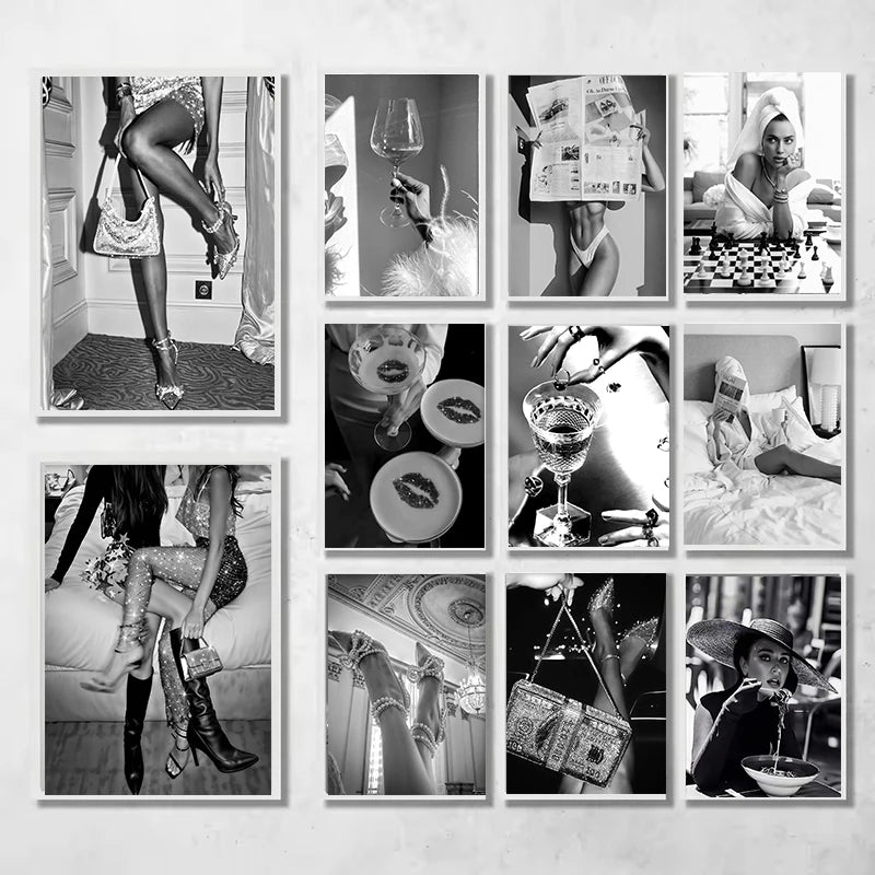 A grid of black and white photographs featuring women in various poses, wearing high heels, and styled in modern fashion.