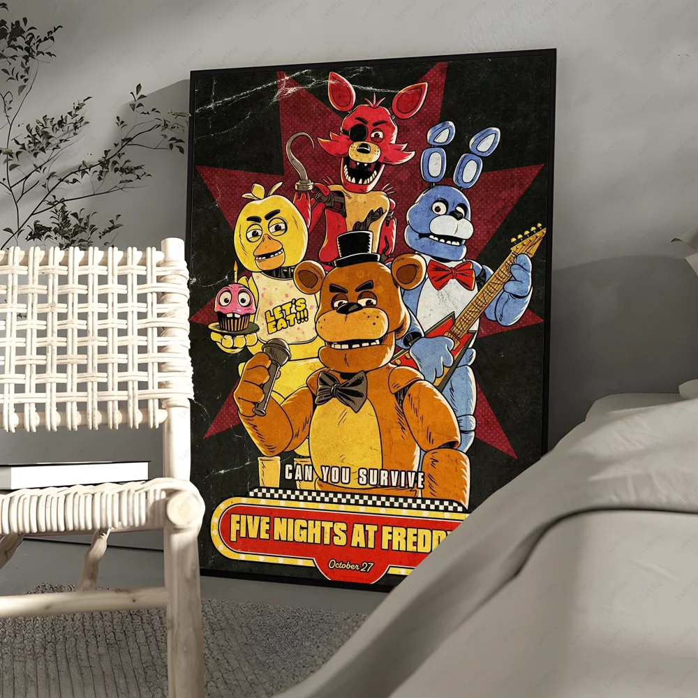 A canvas wall art poster featuring characters from Five Nights at Freddy's including Freddy, Bonnie, and Chica against a red 