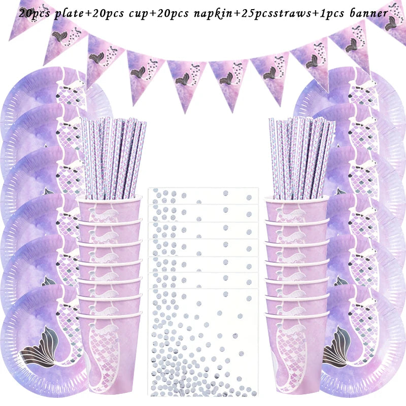 A display of mermaid-themed party tableware including plates, cups, napkins, straws, and a banner.