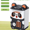A black and white piggy bank shaped like a panda, featuring fingerprint unlock and auto open door functions.