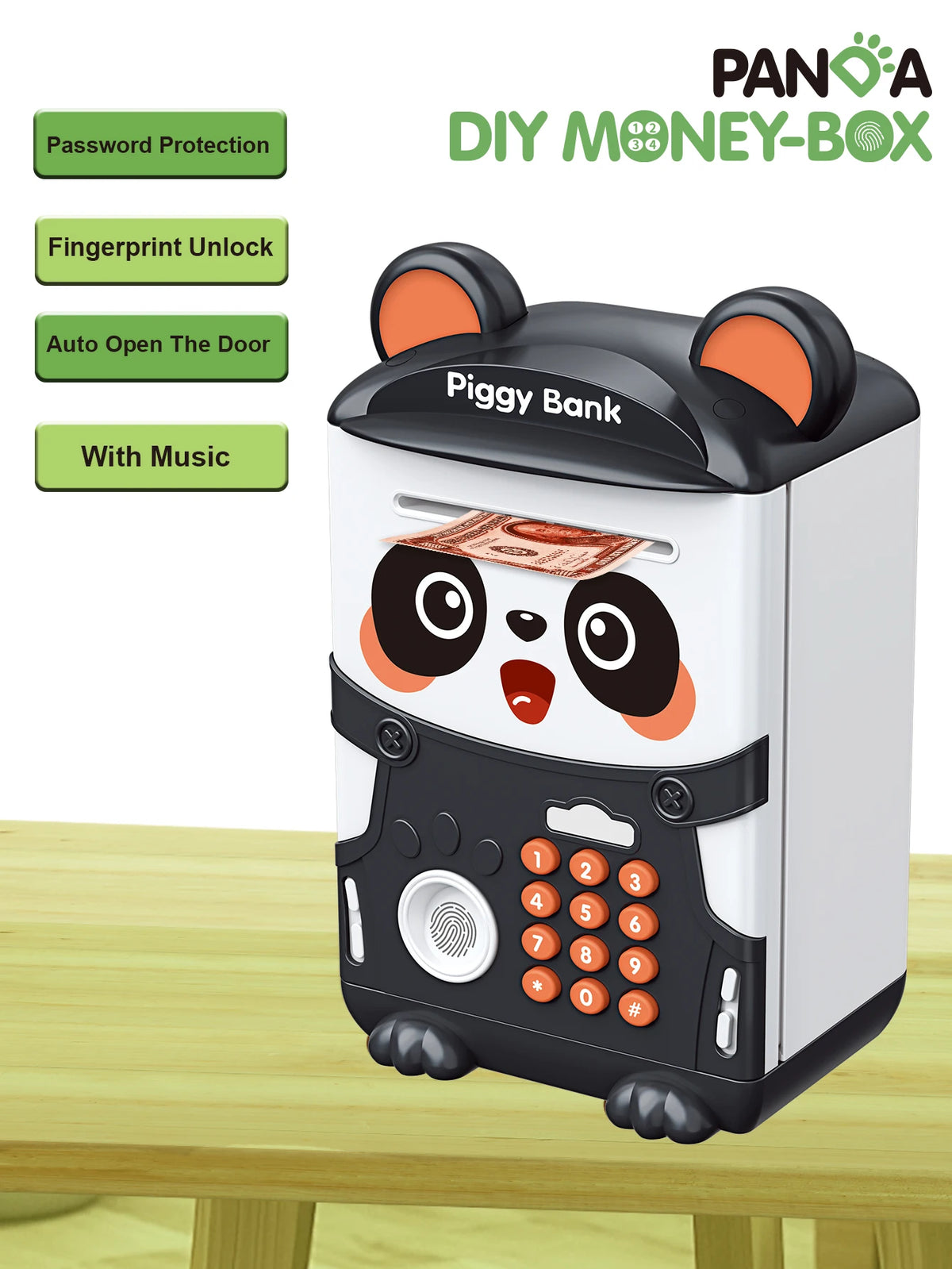 A black and white piggy bank shaped like a panda, featuring fingerprint unlock and auto open door functions.