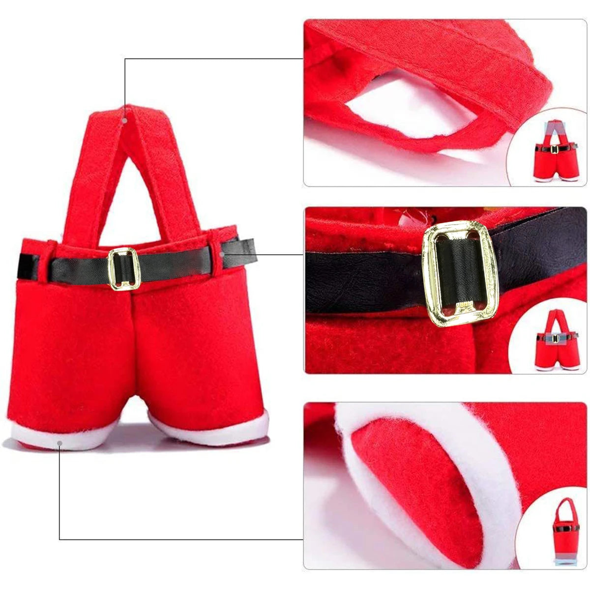 A set of six festive red Santa Claus gift bags with black trim and white lining.