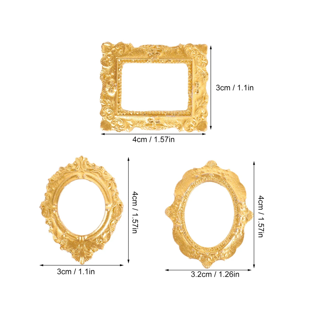Vintage gold oval miniature photo frames with ornate edges, measuring 3cm by 1.1in and 3.2cm by 1.26in.