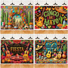 A vibrant Mexican fiesta photo backdrop featuring a sombrero, guitar, and cactus design.