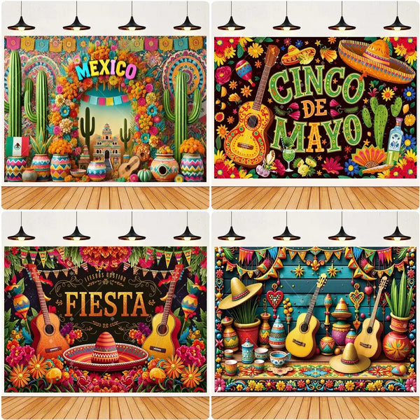 A vibrant Mexican fiesta photo backdrop featuring a sombrero, guitar, and cactus design.