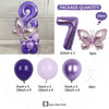 Set of purple balloons with the number 7 and butterfly shapes for parties