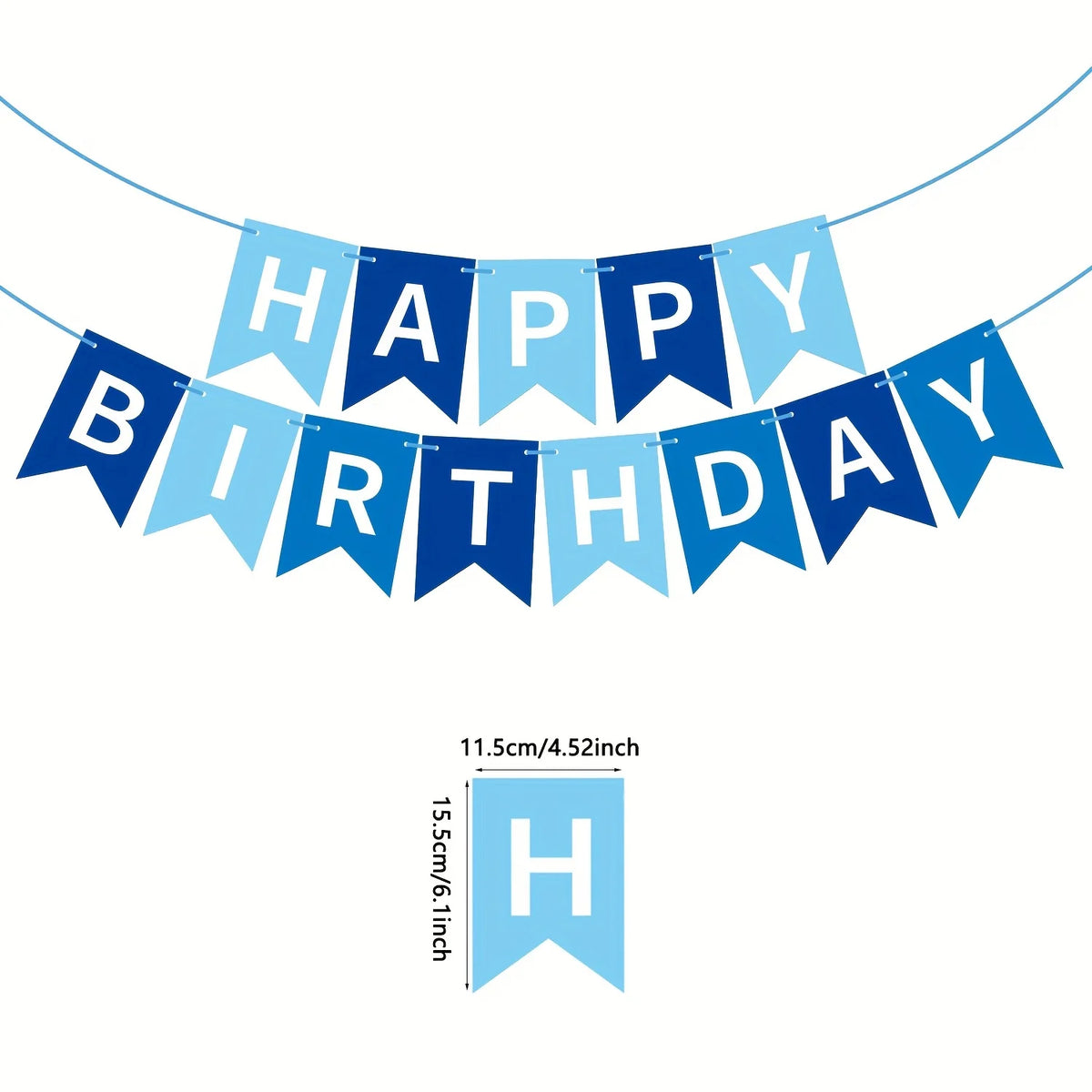 A banner featuring the words HAPPY BIRTHDAY in blue and light blue pennants strung across a line.