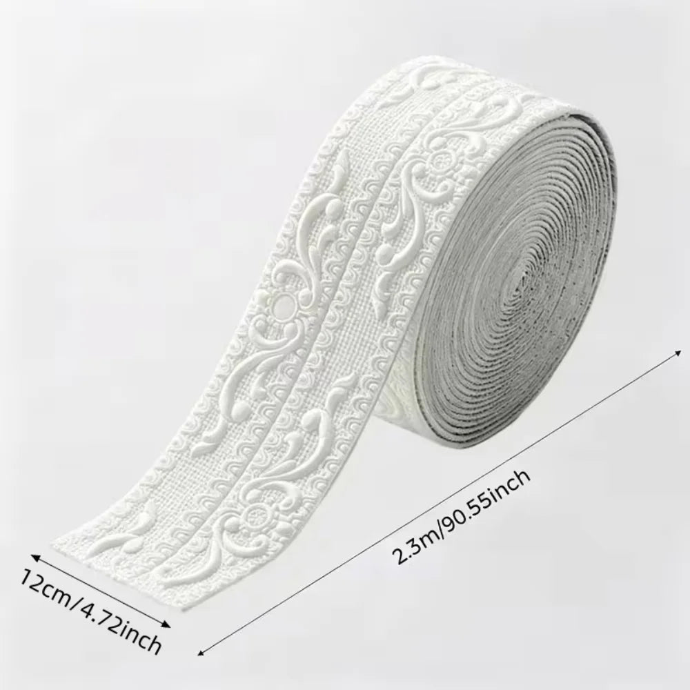 Roll of white self-adhesive PVC corner trim with a 3D textured edge shown diagonally.