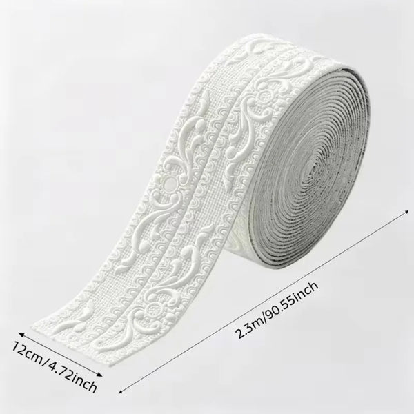 Roll of white self-adhesive PVC corner trim with a 3D textured edge shown diagonally.