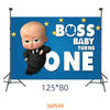 A cartoon baby character wearing a suit is featured on a blue banner with text that reads Boss Baby Turns One