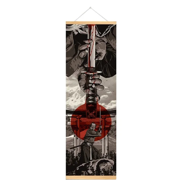 Japanese Samurai Ukiyo-e tiger canvas wall art with a wooden hanging scroll.