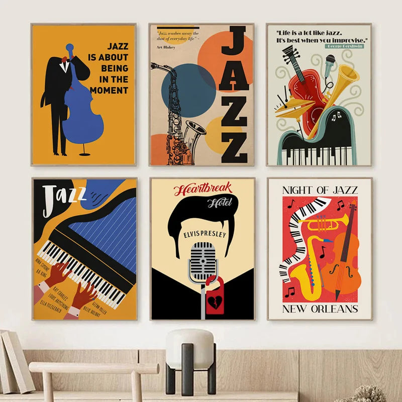 A grid of six abstract wall art paintings featuring jazz themes like guitar, cello, and piano.