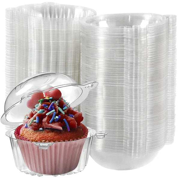 A clear plastic cupcake box with a lid filled with colorful frosting and sprinkles.