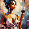 A portrait of an African American woman with her hair in a bun looking to the side while holding a glass of red wine.
