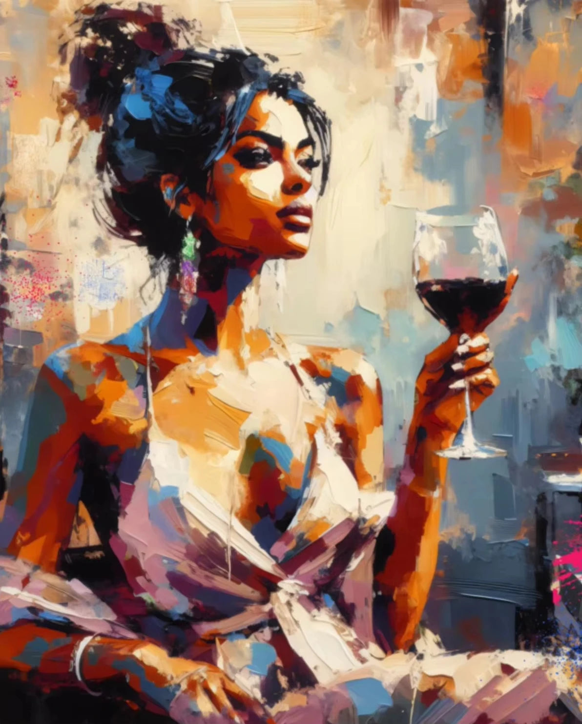 A portrait of an African American woman with her hair in a bun looking to the side while holding a glass of red wine.