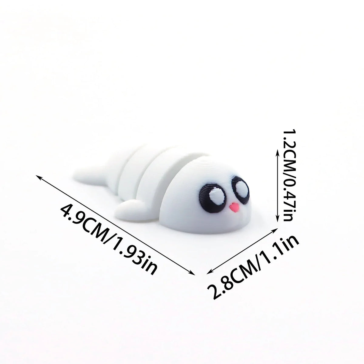 A white 3D printed cartoon animal figurine with large eyes and stacked rings, shown with dimensions.
