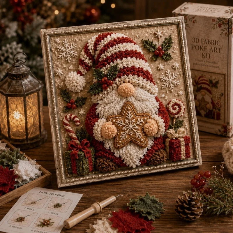 A framed 3D fabric poke art kit featuring a detailed snowman and winter forest scene with red, white, and green textures.