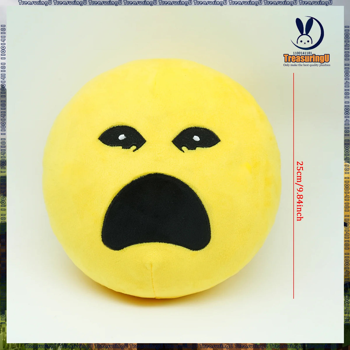 A yellow plush doll shaped like a distressed or angry face with black eyes and mouth.