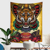 A vibrant tapestry featuring a fierce tiger head with intricate tattoo-style details and vintage coloring.